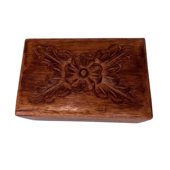 Vintage Hand Carved Floral Wooden Box Small Jewelry Keepsake Chest Home Décor - Picture 4 of 7